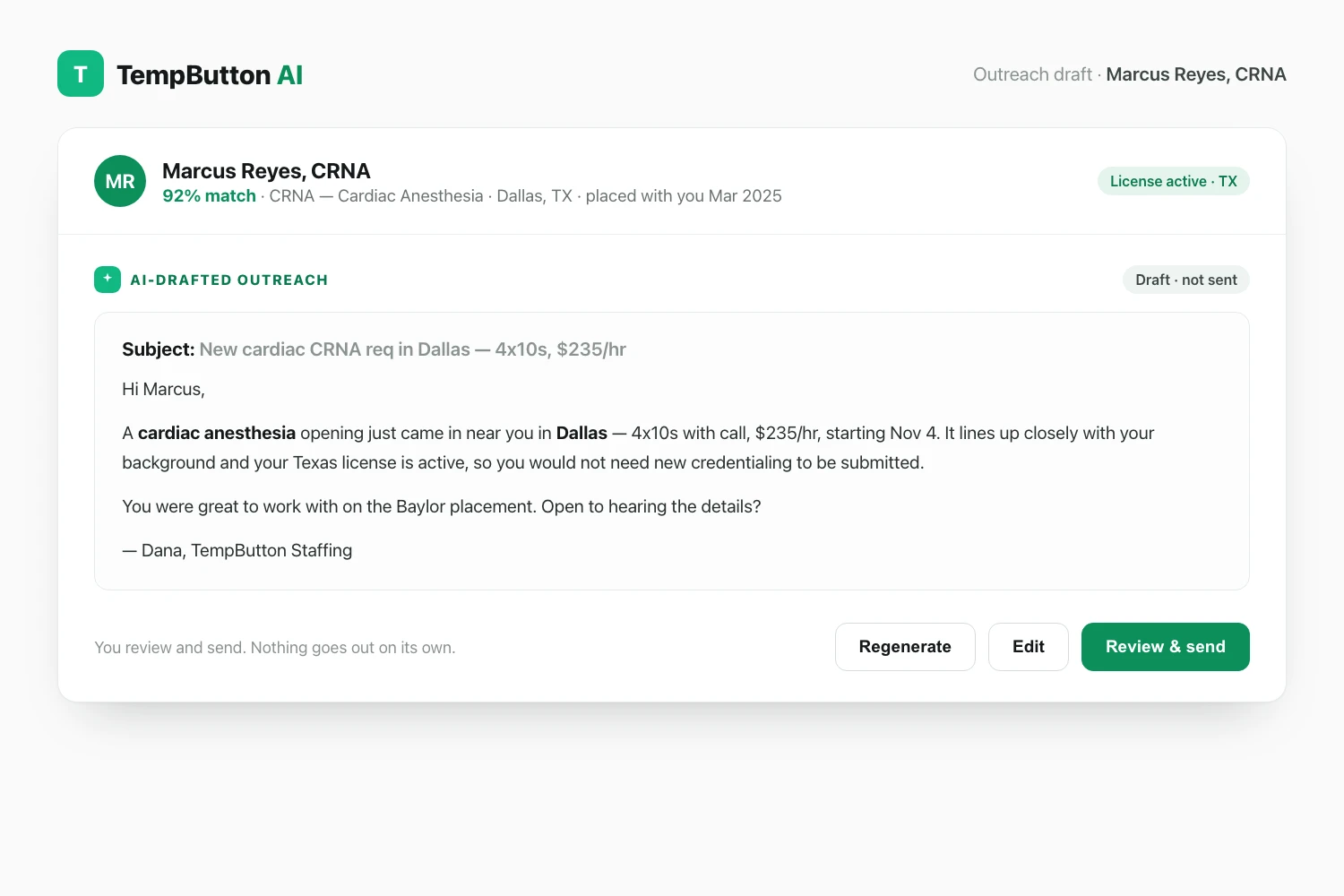 AI-drafted outreach message to a candidate, with regenerate, edit, and review and send actions