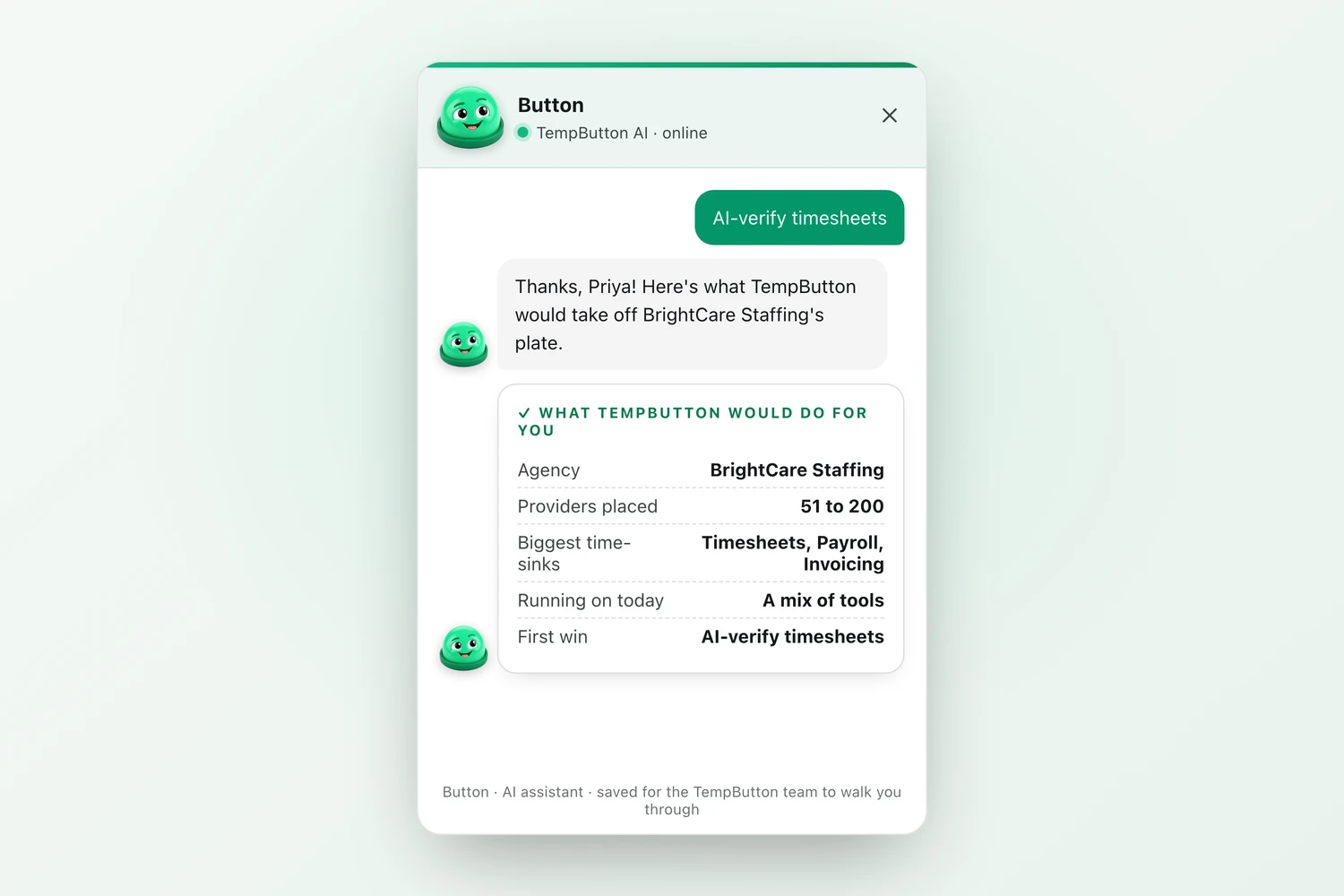 Button chat showing a tailored summary of what TempButton would automate for an agency