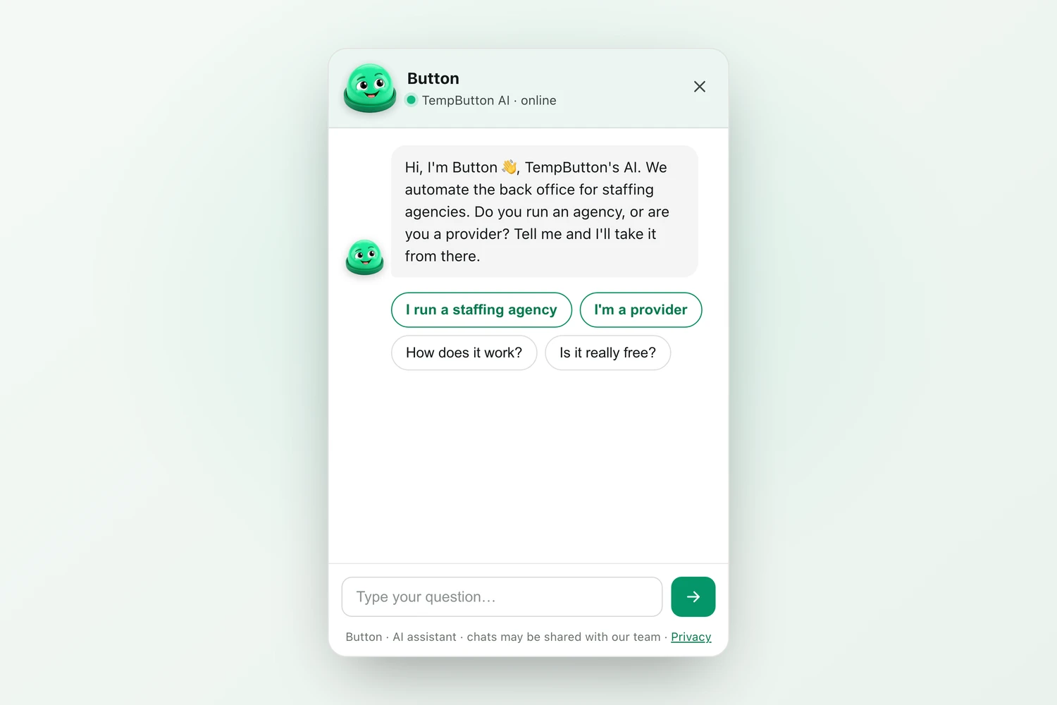 Button chat panel greeting a visitor, with quick replies for provider or agency