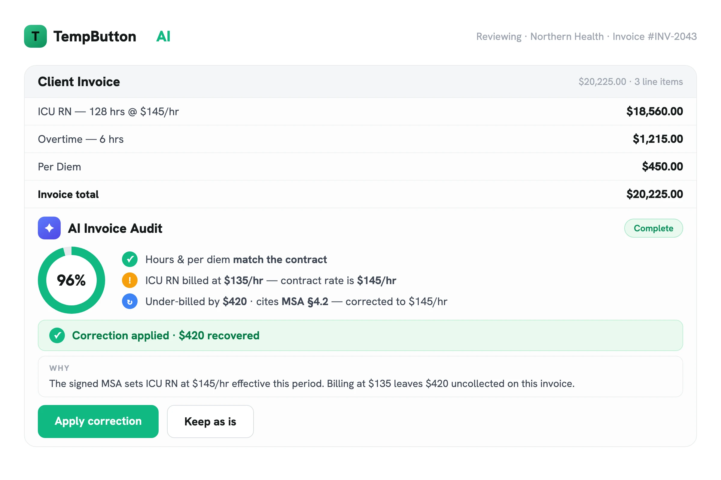 TempButton AI auditing a client invoice and recovering $420 of under-billed hours
