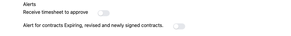 Screenshot: the "Alert for contracts" toggle with its description, and the sub-toggles that appear once it's on.