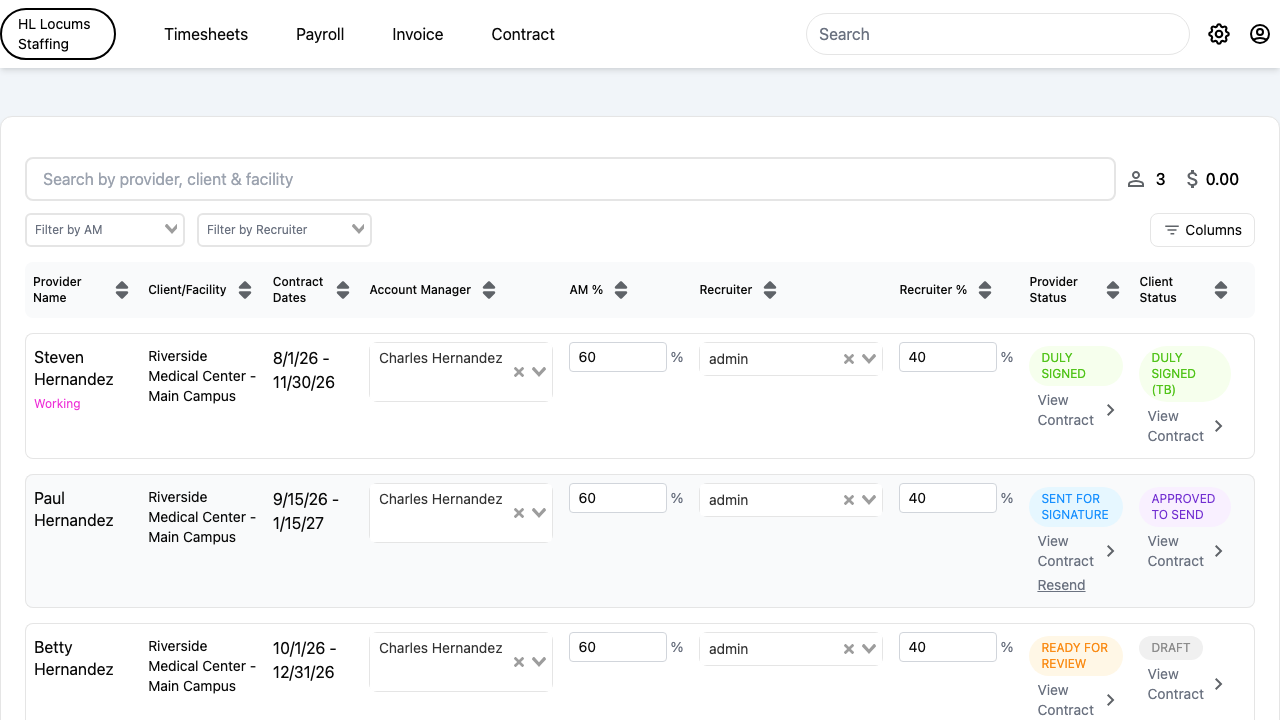 Screenshot: the Contract Commissions table showing the Account Manager, AM %, Recruiter, and Recruiter % columns with a row being edited.