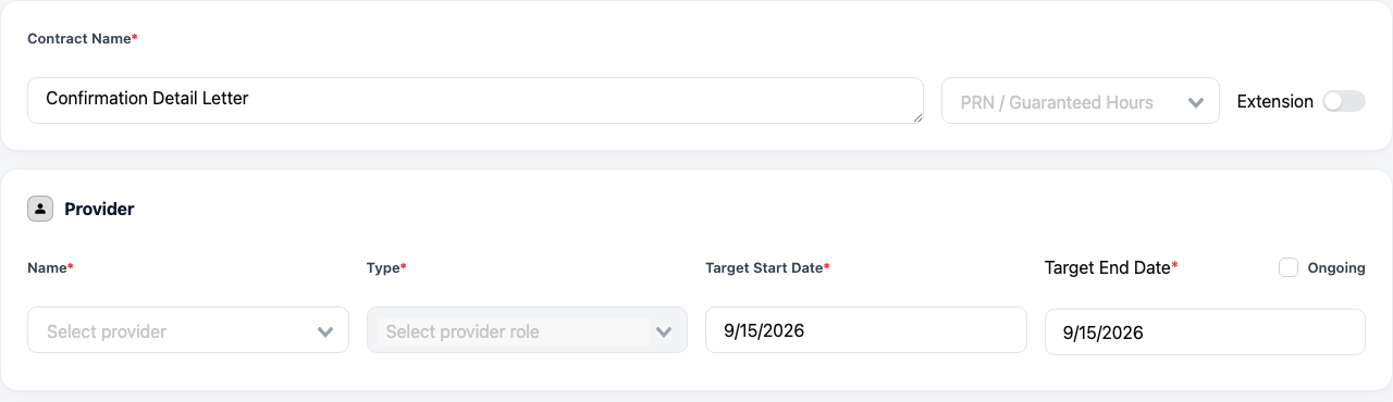 Screenshot: the Contract Name field with the Target Start Date and Target End Date pickers below it, and the Ongoing checkbox beside the end date.