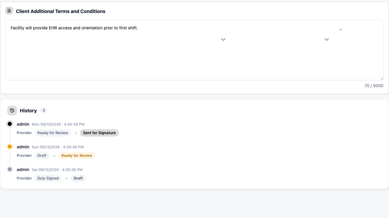Screenshot: the "History" timeline panel showing dated events with who made each change and the status transitions.