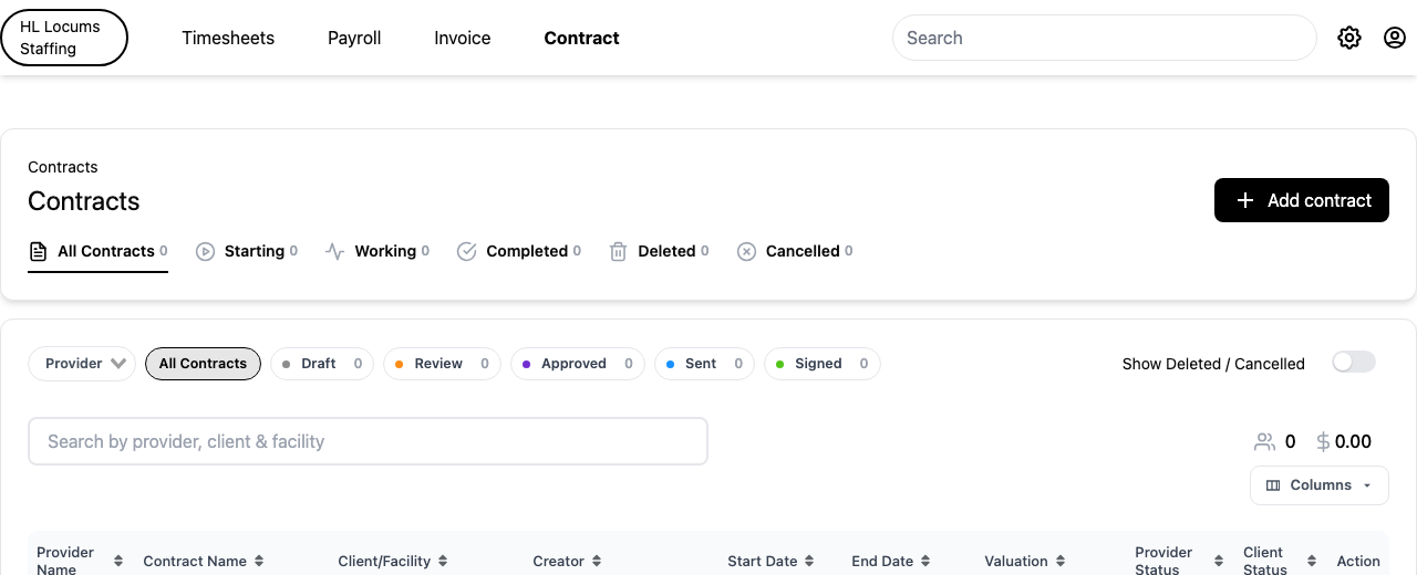 Screenshot: the top of the Contracts page showing the All Contracts / Starting / Working / Completed / Deleted / Cancelled tabs, each with its count badge.