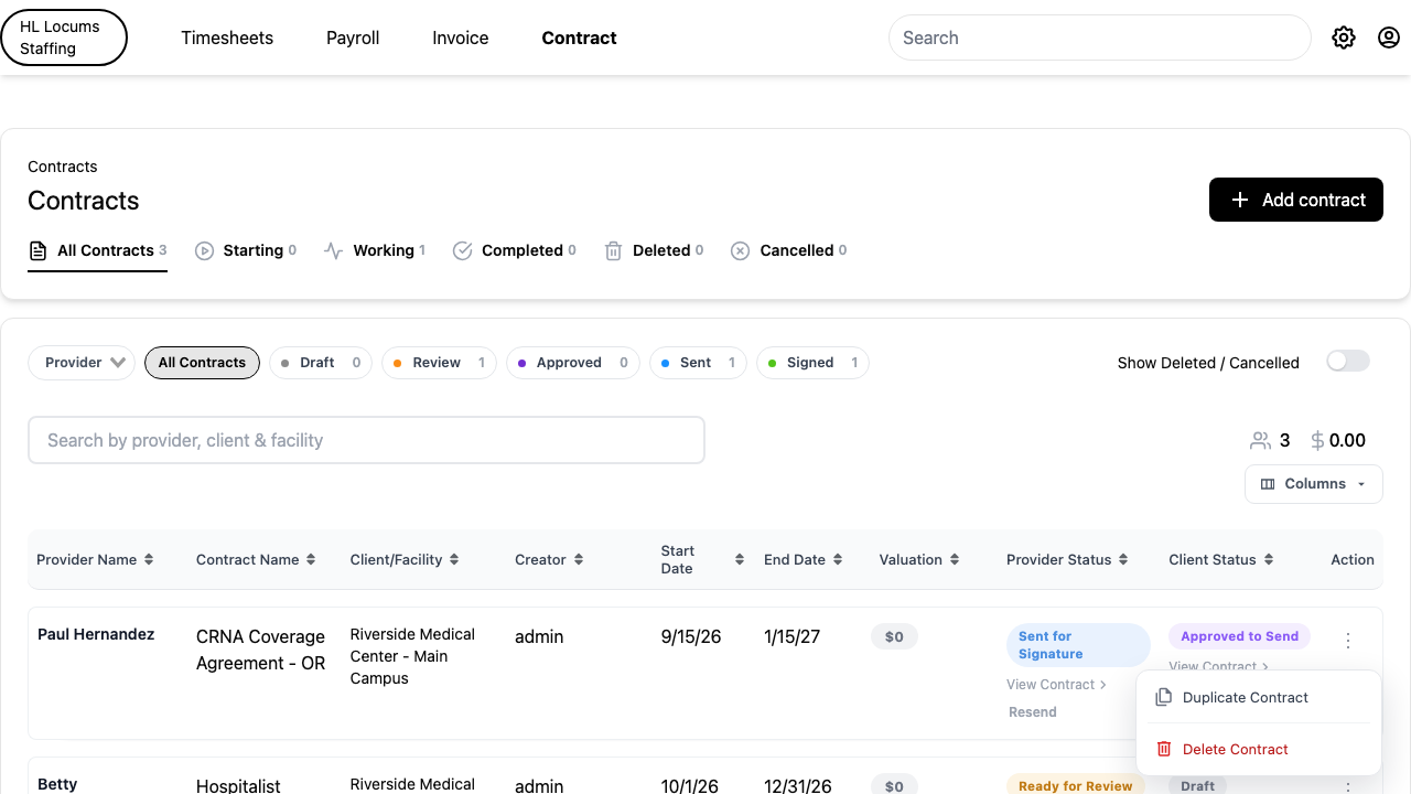 Screenshot: an open contract row menu showing Revise Contract, Duplicate Contract, Cancel Contract, and Delete Contract.