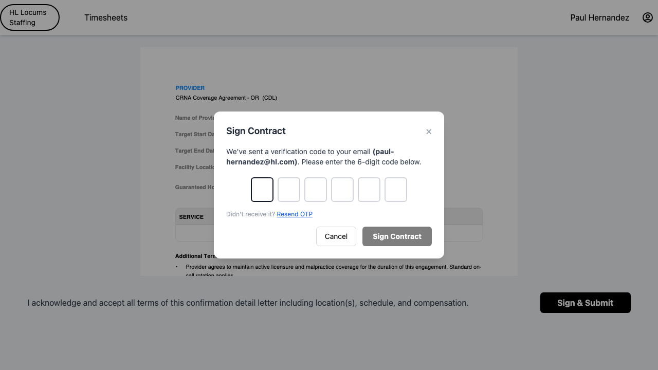 Screenshot: the "Sign Contract" dialog with the six single-digit code boxes and the "Resend OTP" link.
