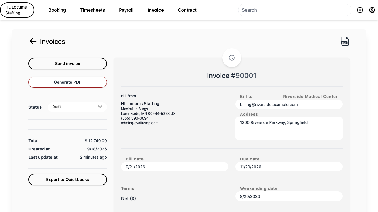 Screenshot: the invoice edit screen showing the Bill from / Bill to blocks and the Bill date / Due date / Weekending date fields.