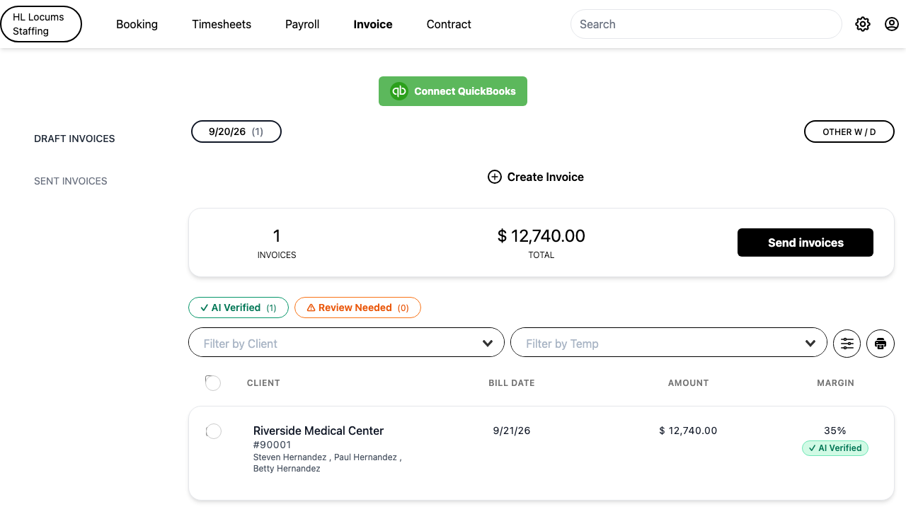 Screenshot: the invoice list with the Client / Bill Date / Amount / Margin columns and a color-flagged row (e.g. a blue-bordered card with the Comments block expanded).
