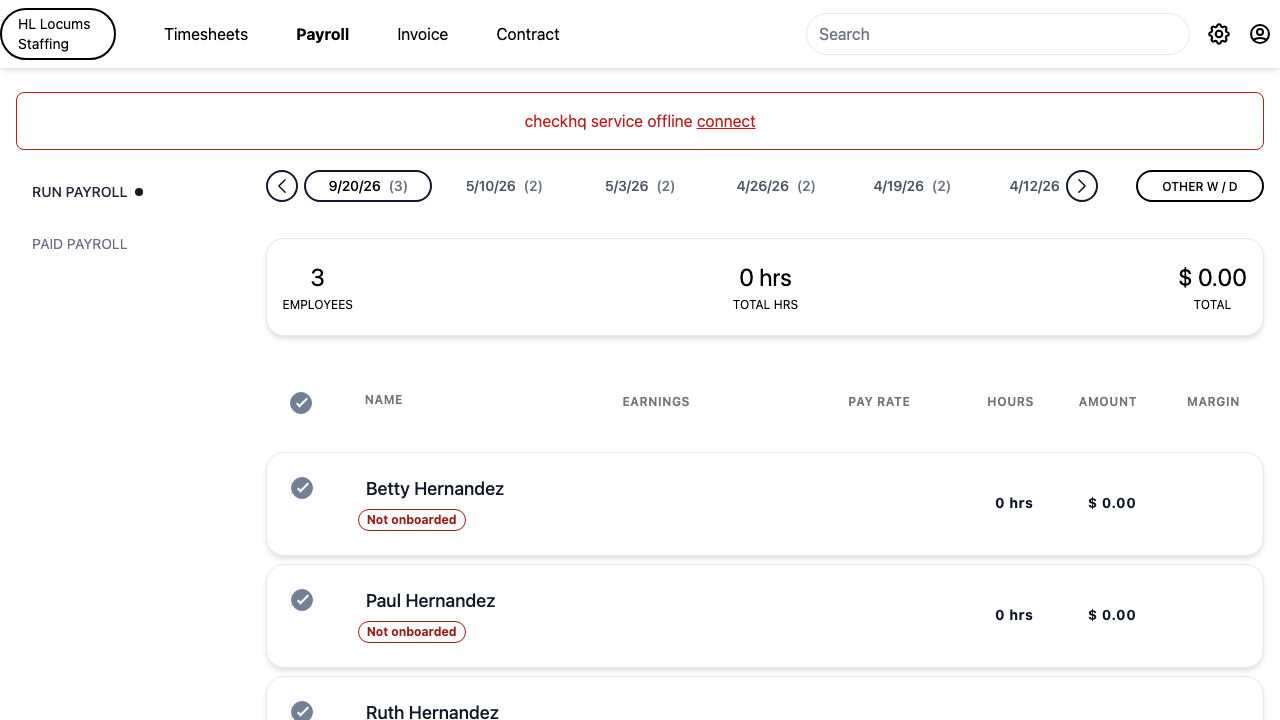 Screenshot: the Run payroll provider list with the top totals strip (Employees / Regular / OT / Total hrs / Total) and the per-provider columns (Name, Earnings, Pay Rate, Hours, Amount, Margin) visible.