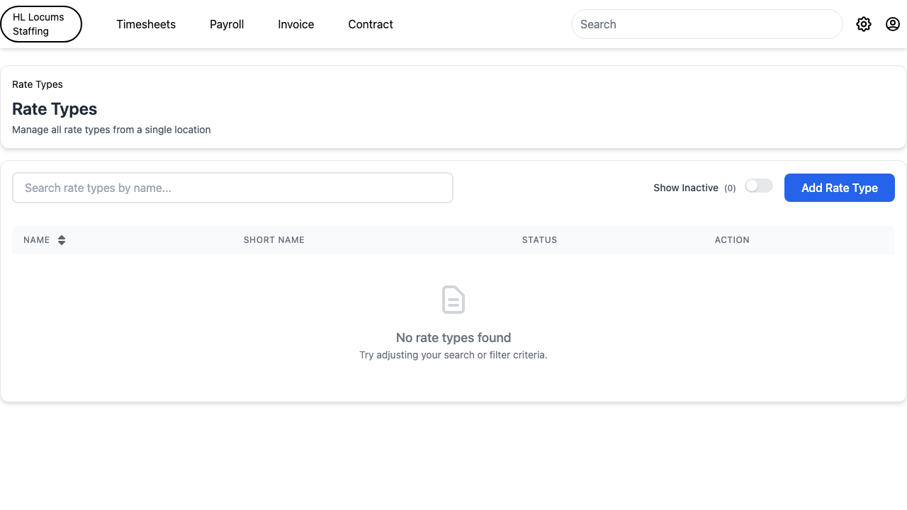 Screenshot: the Shifts table with the Name, Category, Default Pay Rate and Default Bill Rate columns.