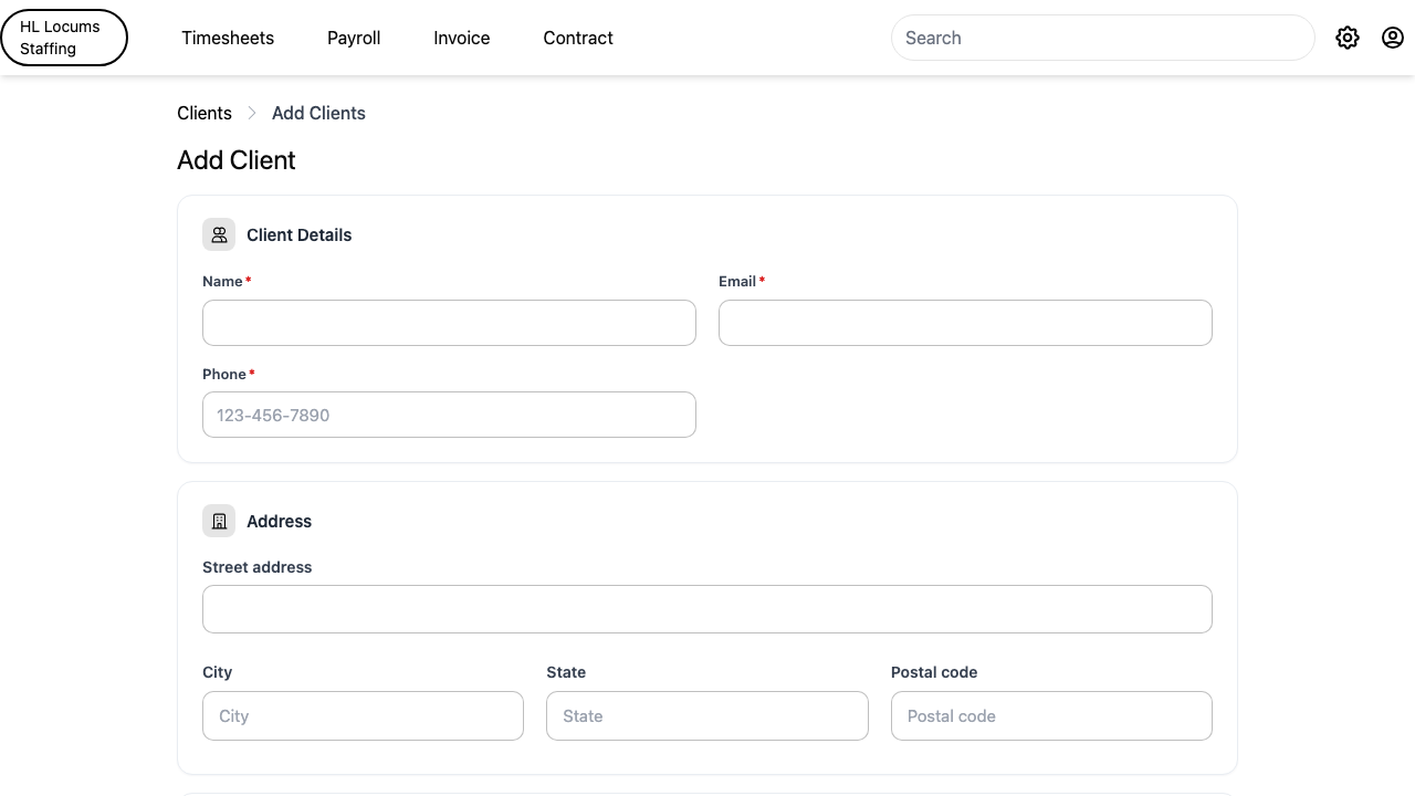 Screenshot: the Add Client form with the Client Details section (Name, Email, Phone) highlighted.
