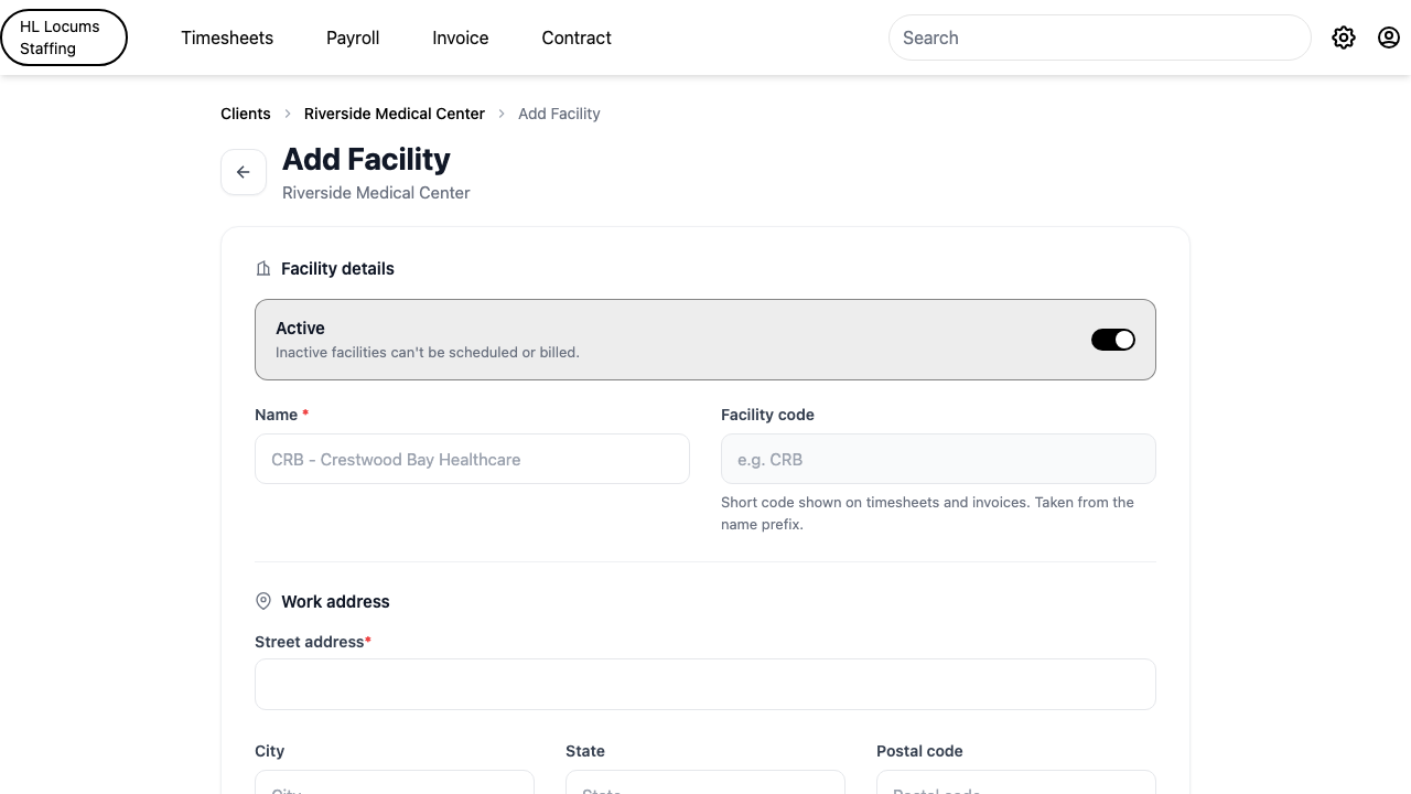 Screenshot: the Add Facility screen with the Name field, the auto-filled Facility code, and the Active toggle highlighted.