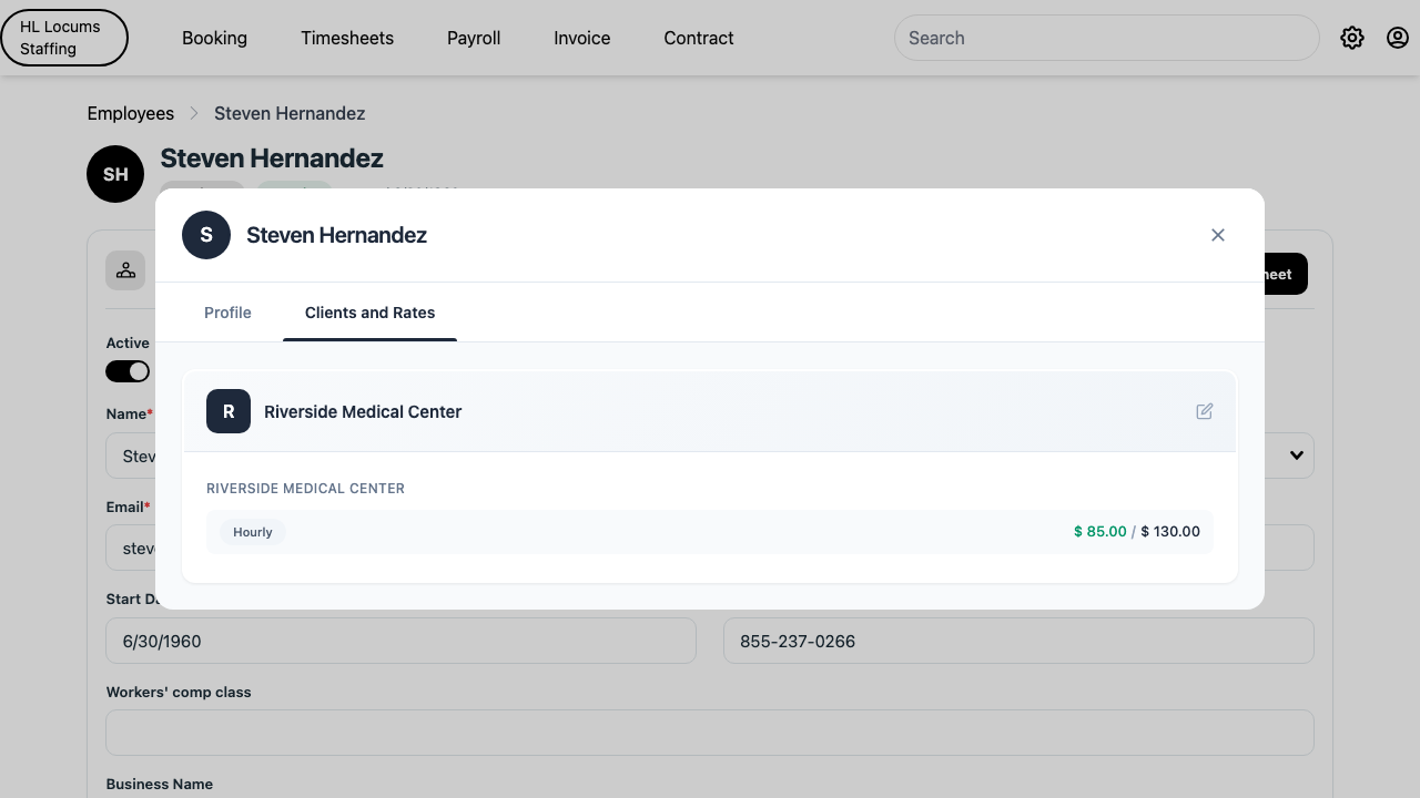 Screenshot: the Rates window for a provider with the Pay, Bill, and Margin columns highlighted and the Save button visible.