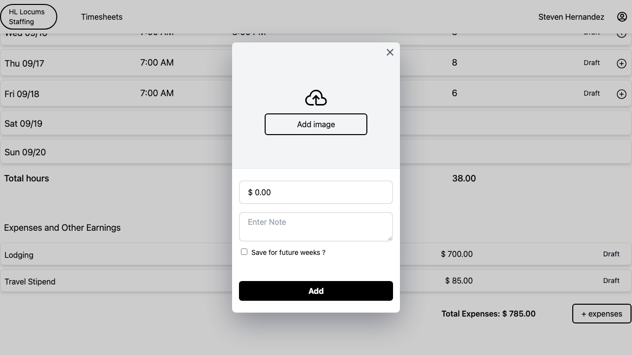 Screenshot: the expense window with the "Add image" drop area highlighted and a receipt preview shown above the amount field.
