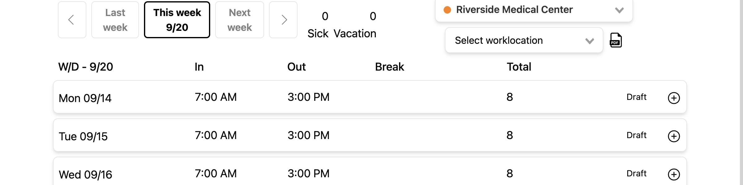 Screenshot: the timesheet header with the Sick / PTO balance figure highlighted.