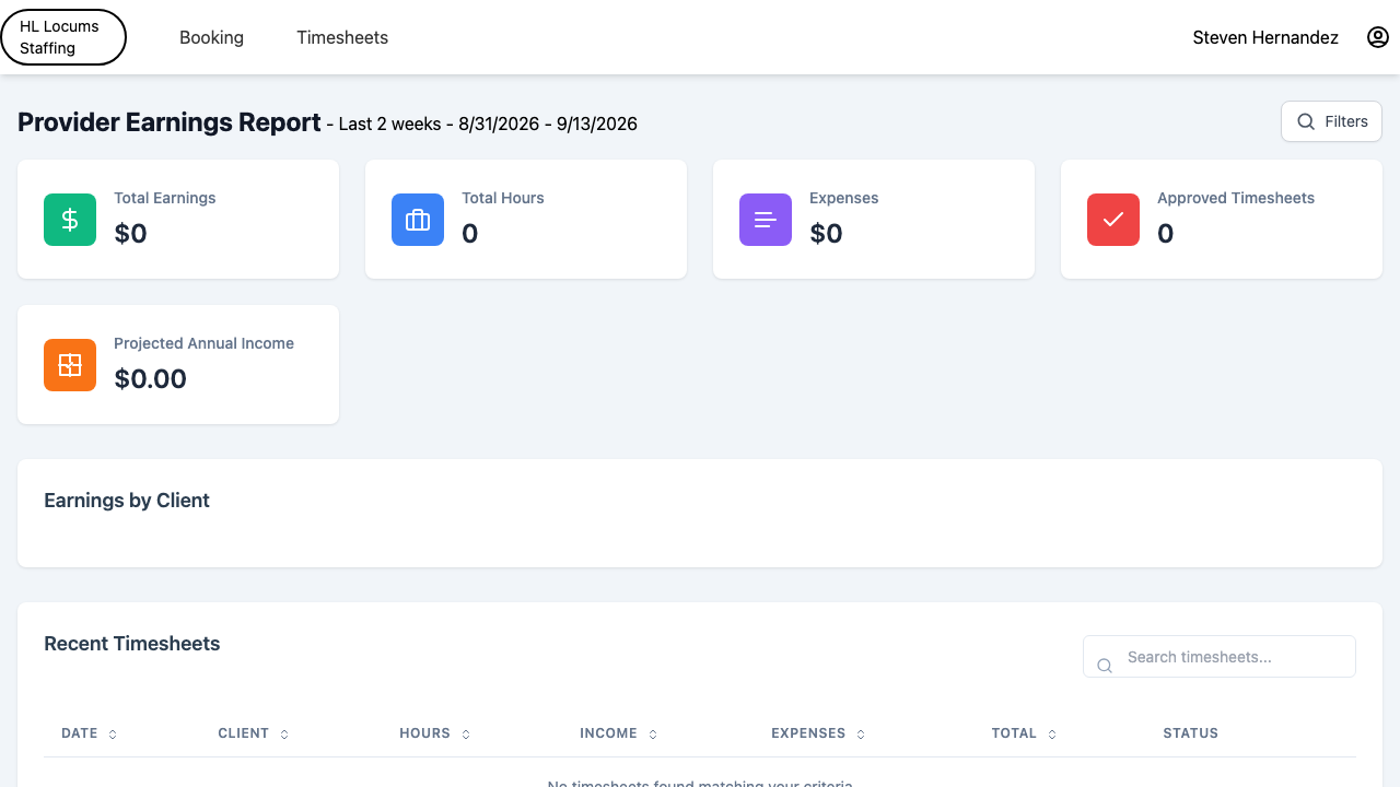 Screenshot: the My Earnings page showing the summary cards and the recent-timesheets table.