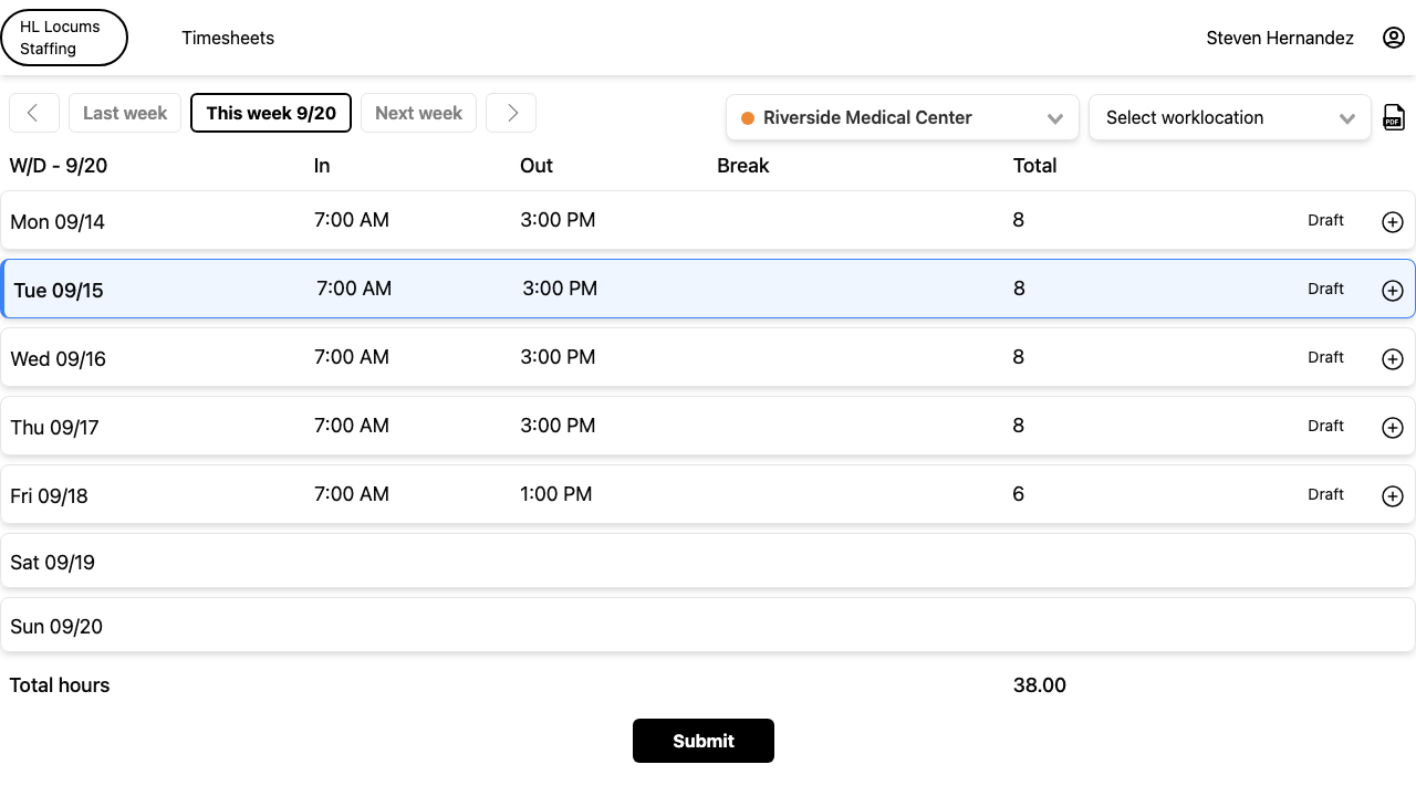 Screenshot: the top of the weekly timesheet with the week selector and the location dropdown highlighted.