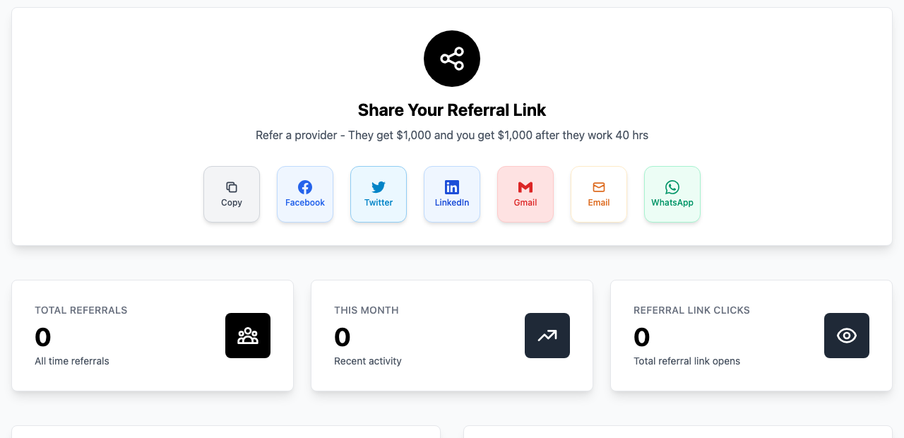 Screenshot: the &ldquo;Share Your Referral Link&rdquo; section with the &ldquo;Copy&rdquo; and social share buttons highlighted.