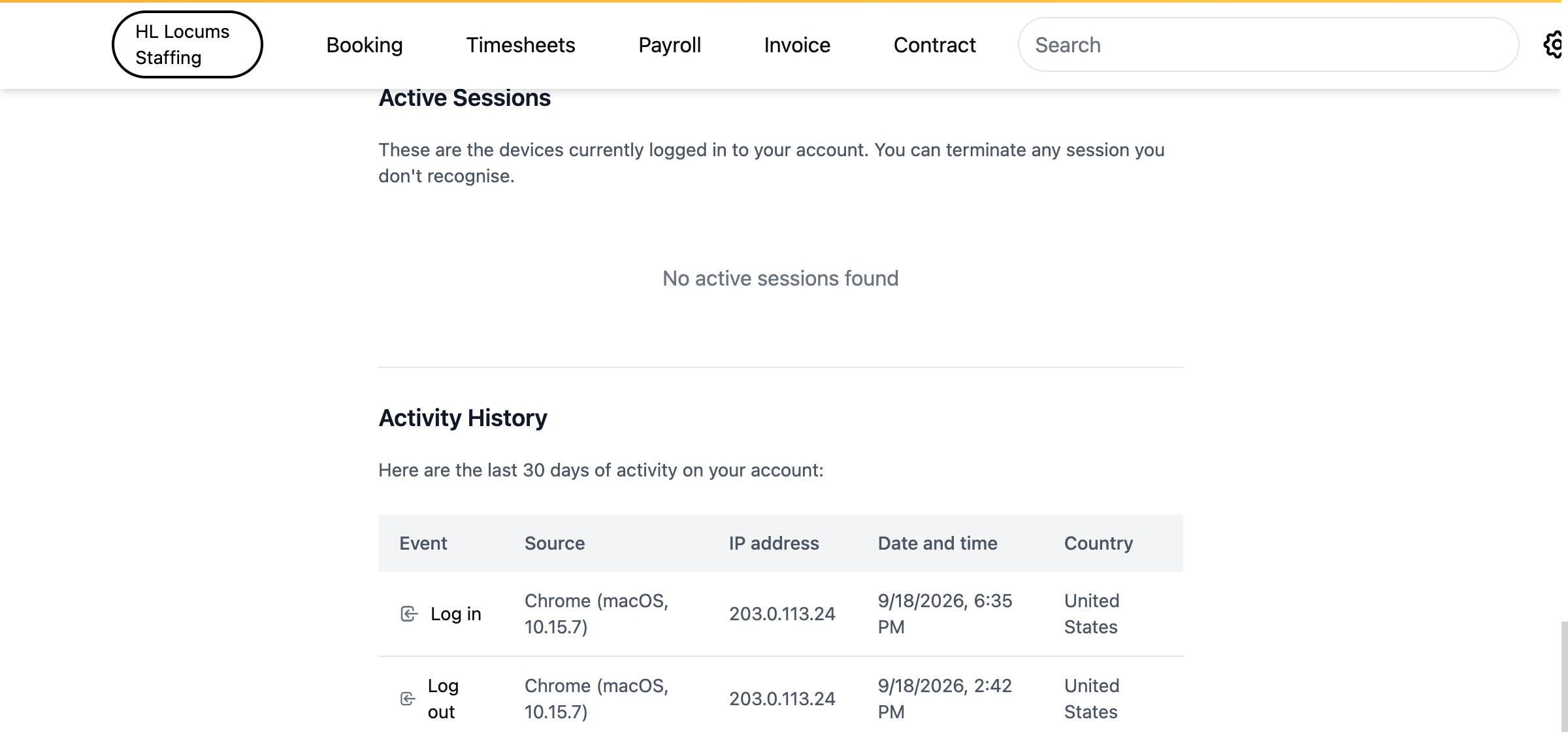 Screenshot: the Active Sessions table listing current sessions with the end-session action highlighted on a row.