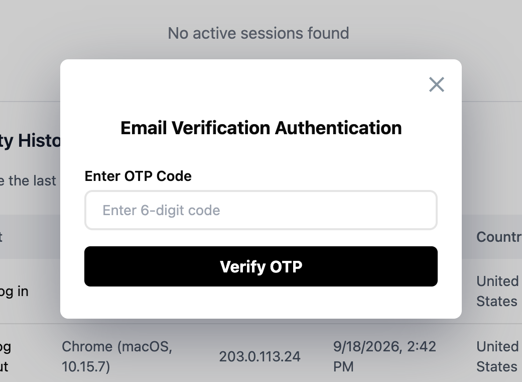 Screenshot: the "Email Verification" dialog with the "Enter 6-digit code" field and confirm button highlighted.