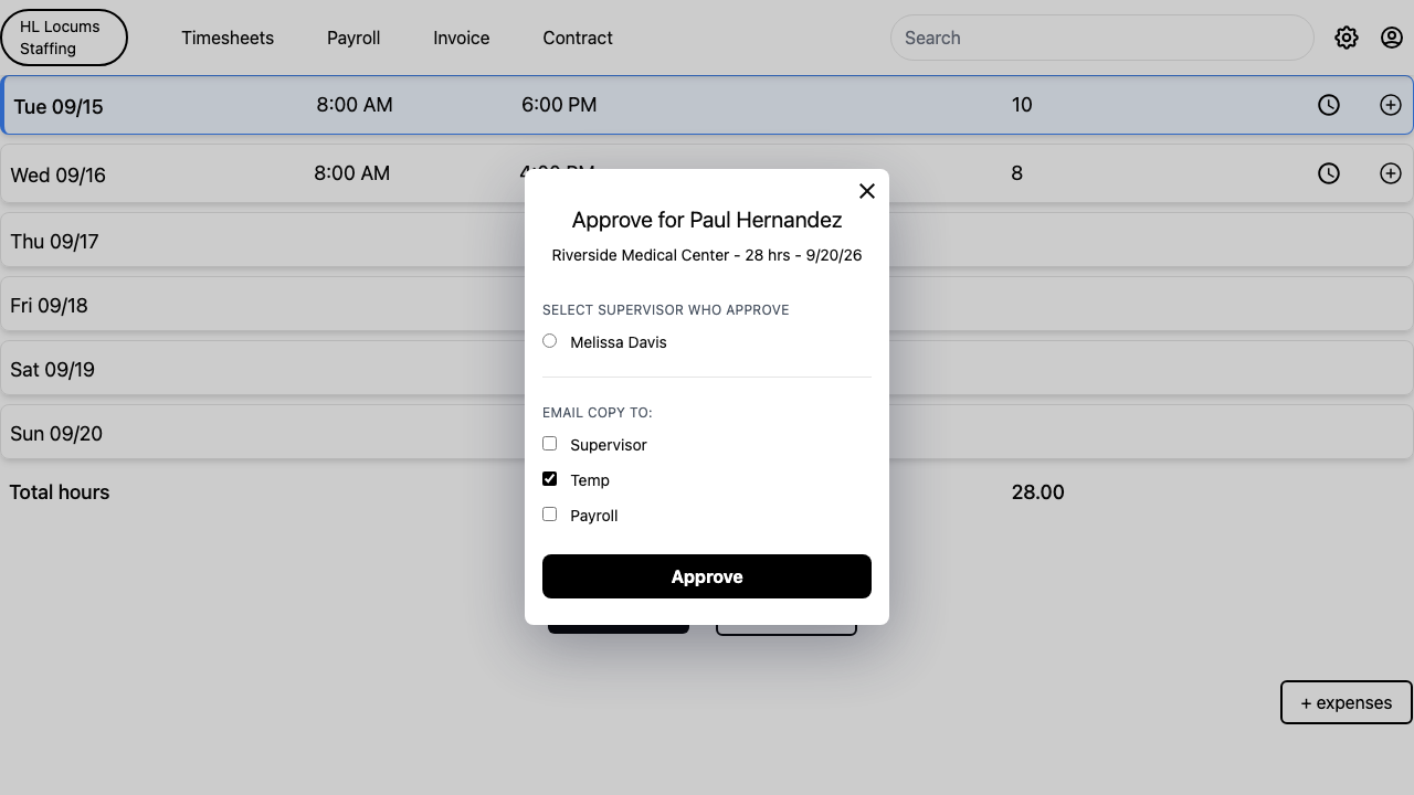 Screenshot: the "Approve for" dialog with the supervisor radio list and the "Email copy to" checkboxes highlighted.