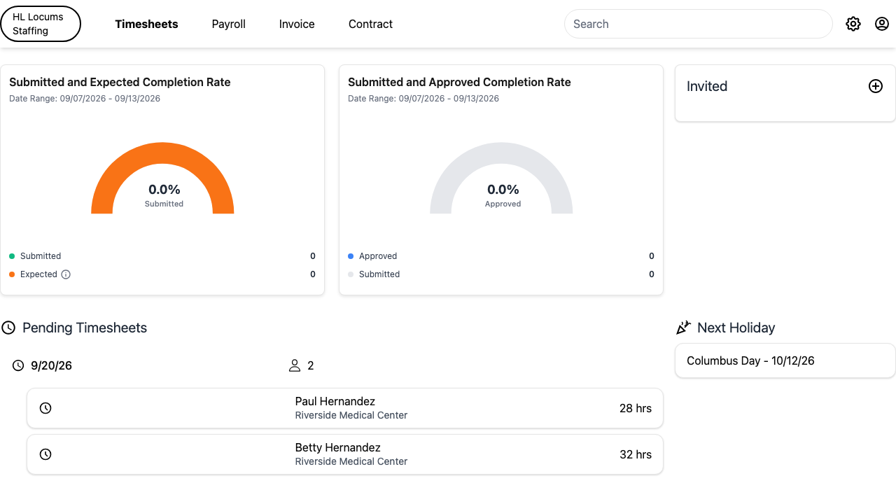 Screenshot: the dashboard showing the Submitted Timesheets and Pending Timesheets sections with their counts highlighted.