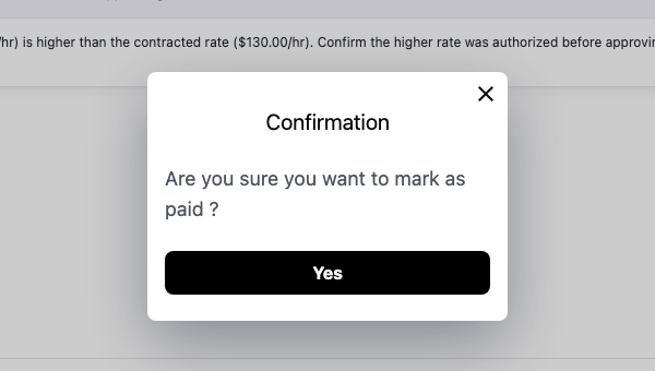 Screenshot: an approved timesheet with the Mark Paid button and its "mark as paid" confirmation highlighted.
